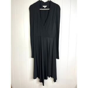 L.K.Bennett London Black Faux Wrap Asymmetrical Hem Long Sleeve Midi Dress SZ 10